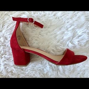 Red suede block high heels size 8